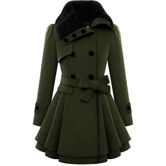 Women's Army Green Zeagoo Winter Trench Coat Faux Fur Lapel Double Breasted - Picture 1 of 4